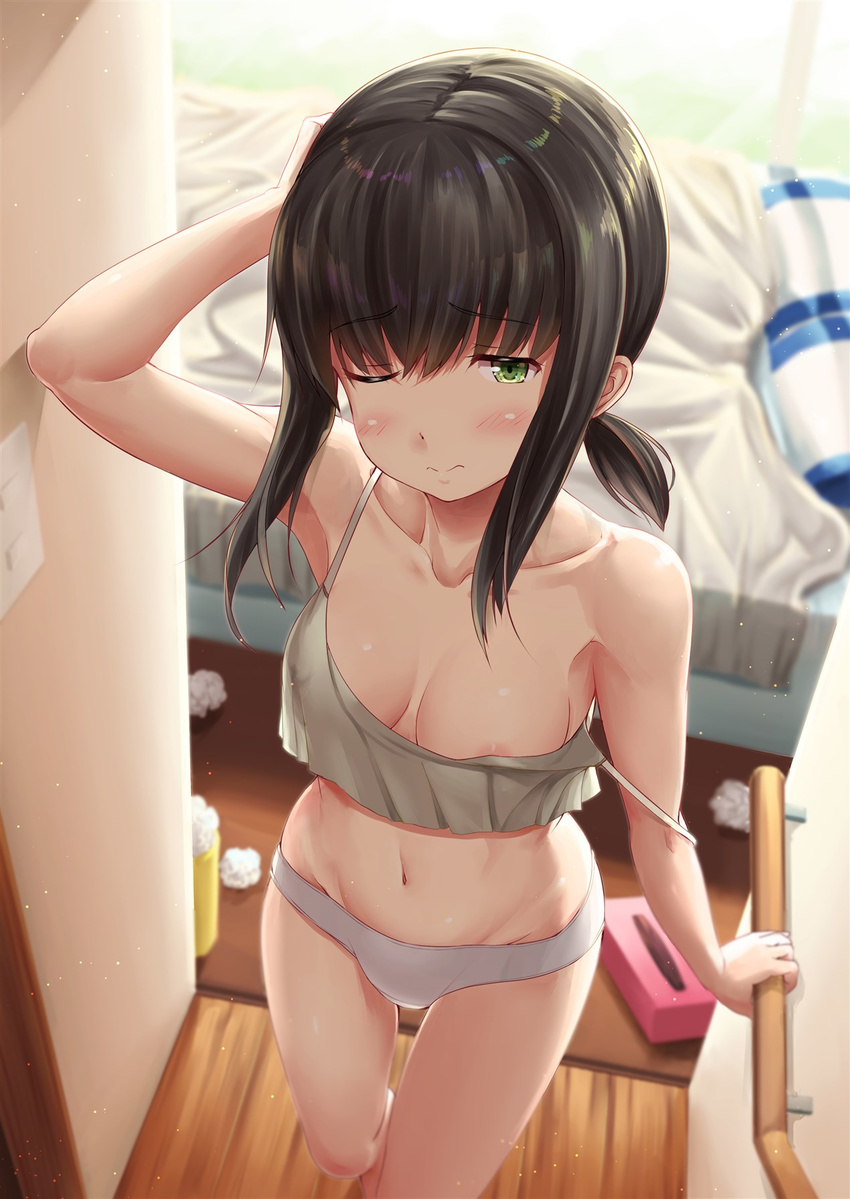 3; alternate_costume areola_slip areolae arm_up armpits bangs banister bare_arms bare_legs bare_shoulders barefoot bed bedroom blanket blurry blush breasts brown_hair camisole cleavage closed_mouth collarbone day depth_of_field eyebrows_visible_through_hair foreshortening from_above frown fubuki_(kantai_collection) green_eyes half-closed_eye hand_on_head highres holding_railing ichikawa_feesu indoors kantai_collection legs_apart low_ponytail medium_breasts navel off_shoulder one_eye_closed panties pillow ponytail shiny shiny_hair short_hair sidelocks sleepy sleeveless small_breasts solo spaghetti_strap standing stomach strap_slip sunlight tissue_box underwear underwear_only used_tissue waking_up wall wavy_mouth white_panties wooden_floor