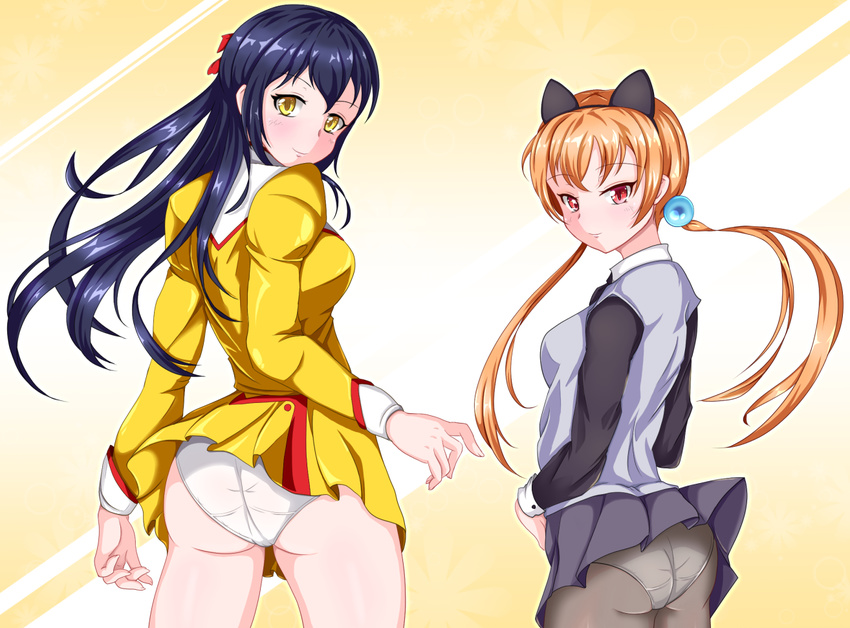 2girls agent_aika alisa_southerncross animal_ears ass bangs bare_legs blouse blue_hair blush bow breasts brown_eyes cat_ears closed_mouth cropped_legs crossover delmo eyebrows eyebrows_visible_through_hair fake_animal_ears female from_behind golden_delmo hair_bobbles hair_bow hair_ornament hairband highres kazu_(euthanasia) keroro_gunsou lineup long_hair long_sleeves low_twintails medium_breasts multiple_girls orange_hair panties panties_under_pantyhose pantyhose pantyshot pantyshot_(standing) petoriyacowa_rie pink_eyes pov_ass puffy_sleeves simple_background skirt skirt_lift smile standing thighs twintails underwear upskirt white_panties white_underwear wind wind_lift