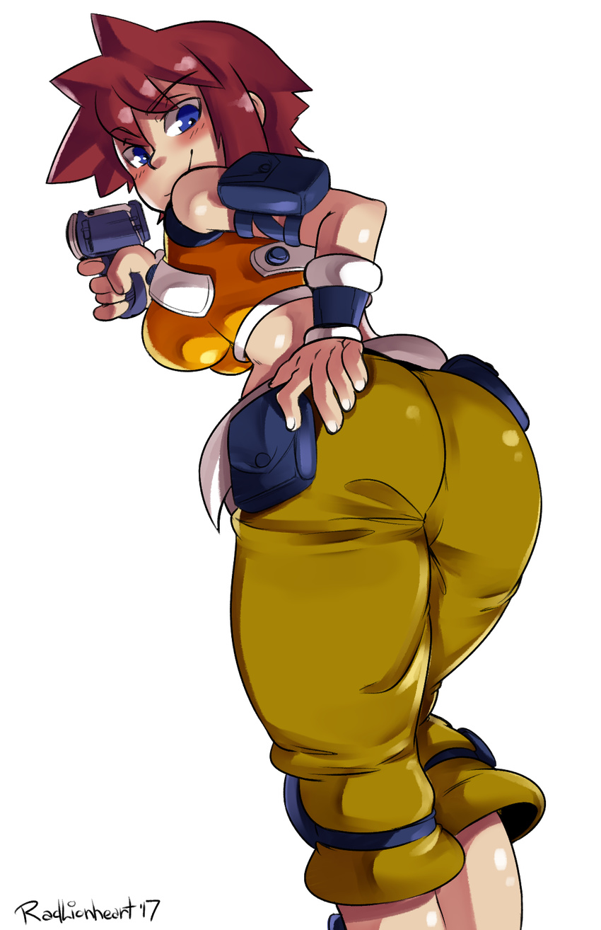 1girl artist_name ass bangs bent_over blue_eyes blush bracelet breasts brown_hair capcom eyebrows_visible_through_hair hand_on_hip large_ass large_breasts looking_at_viewer looking_back pants radlionheart rockman rockman_zero rockman_zero4 short_hair signature simple_background smile solo solofocus text thick_thighs thights_pants tight tight_clothes top transparent_background