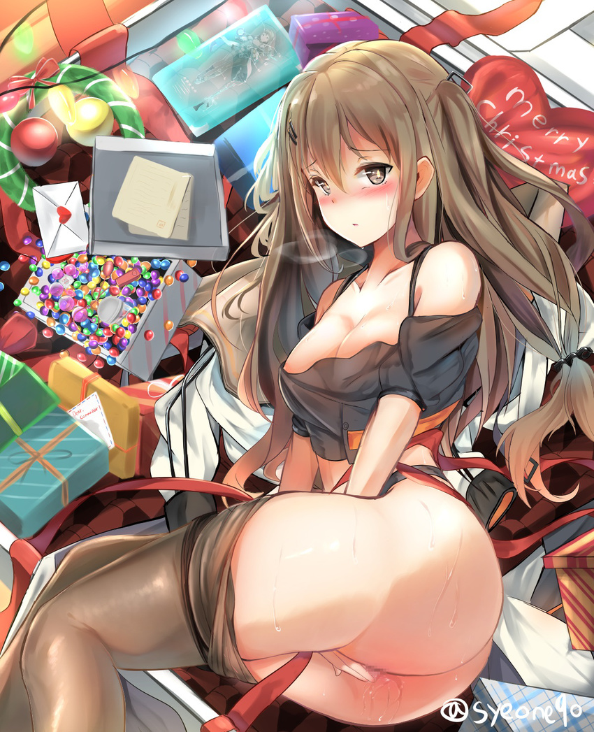 anal_beads areola_slip areolae ass bare_shoulders between_legs black_ribbon blush breasts brown_eyes brown_hair brown_legwear censored cleavage covering covering_crotch girls_frontline hair_ornament hair_ribbon hairclip hand_between_legs highres k-2_(girls_frontline) letter long_hair looking_at_viewer love_letter lying medium_breasts mosaic_censoring no_panties on_side pantyhose pantyhose_pull ribbon septet_(zrca_janne) solo