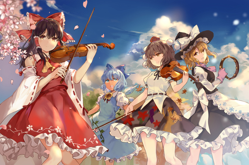 :d ascot bangs black_hair black_hat black_ribbon black_skirt blonde_hair blue_bow blue_dress blue_eyes blue_hair blue_sky blurry bow bow_(instrument) brown_eyes brown_hair cherry_blossoms cirno closed_mouth cloud commentary_request day detached_sleeves dress elise_(piclic) eyebrows_visible_through_hair floral_print flower hair_between_eyes hair_bow hair_tubes hakurei_reimu hat hat_bow hidden_star_in_four_seasons highres holding holding_instrument ice ice_wings instrument juliet_sleeves kirisame_marisa leaf long_hair long_sleeves looking_at_viewer miniskirt multiple_girls music neck_ribbon open_mouth outdoors petals pink_ribbon pink_scarf plant playing_instrument pom_pom_(clothes) puffy_short_sleeves puffy_sleeves red_bow red_ribbon red_skirt ribbon ribbon-trimmed_sleeves ribbon_trim scarf seasons shameimaru_aya short_hair short_sleeves sidelocks skirt skirt_set sky smile snowflake_print sunflower tambourine tan tanned_cirno tokin_hat touhou translation_request vest vines violin white_bow wide_sleeves wings witch_hat yellow_eyes