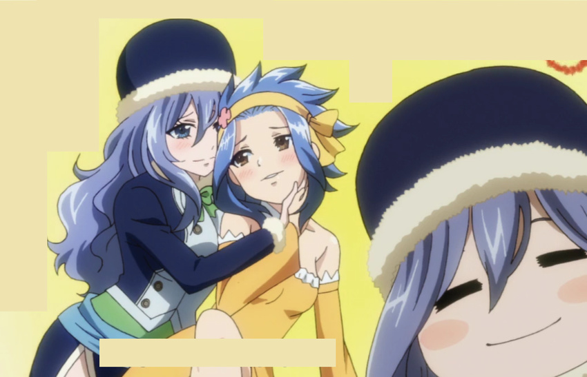 2girls blue_eyes blue_hair blush brown_eyes dress fairy_tail hair_ornament hat juvia_lockser levy_mcgarden long_hair multiple_girls naughty_face open_mouth ribbon short_hair smile touching yuri