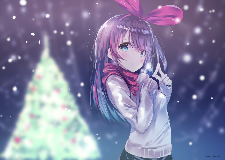 a.i._channel bangs black_skirt blue_eyes blurry blurry_background blush bow breasts brown_hair christmas christmas_ornaments christmas_tree closed_mouth commentary_request depth_of_field eyebrows_visible_through_hair eyelashes fingernails fingers_together hair_bow hairband highres kizuna_ai long_hair long_sleeves looking_at_viewer multicolored_hair noto_kurumi pink_bow scarf skirt small_breasts smile snowing solo streaked_hair sweater twitter_username virtual_youtuber white_sweater winter_clothes