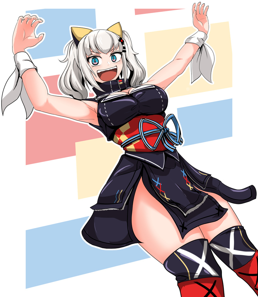 :d armpits black_legwear blue_eyes blush breasts breath cleavage commentary_request cross-laced_clothes cross-laced_legwear highres kaguya_luna kaguya_luna_(character) large_breasts looking_at_viewer open_mouth sash silver_hair sleeveless smile solo stitching teeth thighhighs twintails virtual_youtuber yaruku