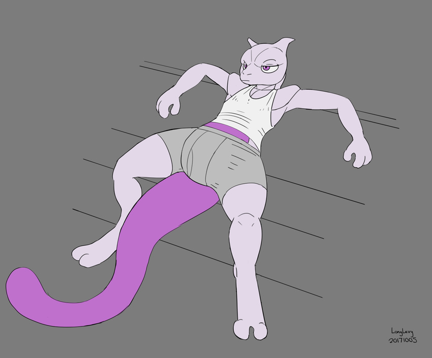 2017 clothed clothing digital_media_(artwork) feline feral fully_clothed inside legendary_pok&eacute;mon longlevy mammal mewtwo nintendo pok&eacute;mon pok&eacute;mon_(species) simple_background sitting solo video_games