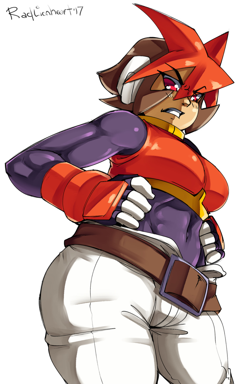 angry artist_name atlas atlas_(rockman) belt bodystocking bodysuit bracelet breasts brown_hair capcom covered_navel eyebrows_visible_through_hair fingerless_gloves gloves hair_between_eyes hand_on_hip hands_on_hips looking_at_wiever looking_down medium_breasts midriff navel orange_hair pants radlionheart red_eyes rockman rockman_zx rockman_zx_advent short_hair signature simple_background teeth text thick_thighs tight tight_pants white_background white_pants