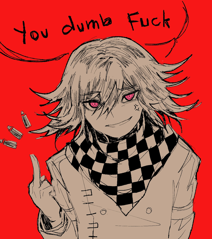 1boy anger_vein angry bangs buttons checkered_scarf danganronpa english_text eyebrows middle_finger nanamichiii new_danganronpa_v3 ouma_kokichi pink_eyes scarf shirt short_hair side_bangs simple_background solo straitjacket text