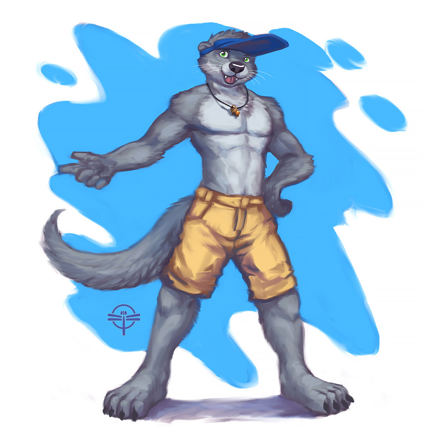 2017 anthro byowt clothed clothing fur hi_res male mammal muscular muscular_male mustelid otter pants pecs solo summer topless