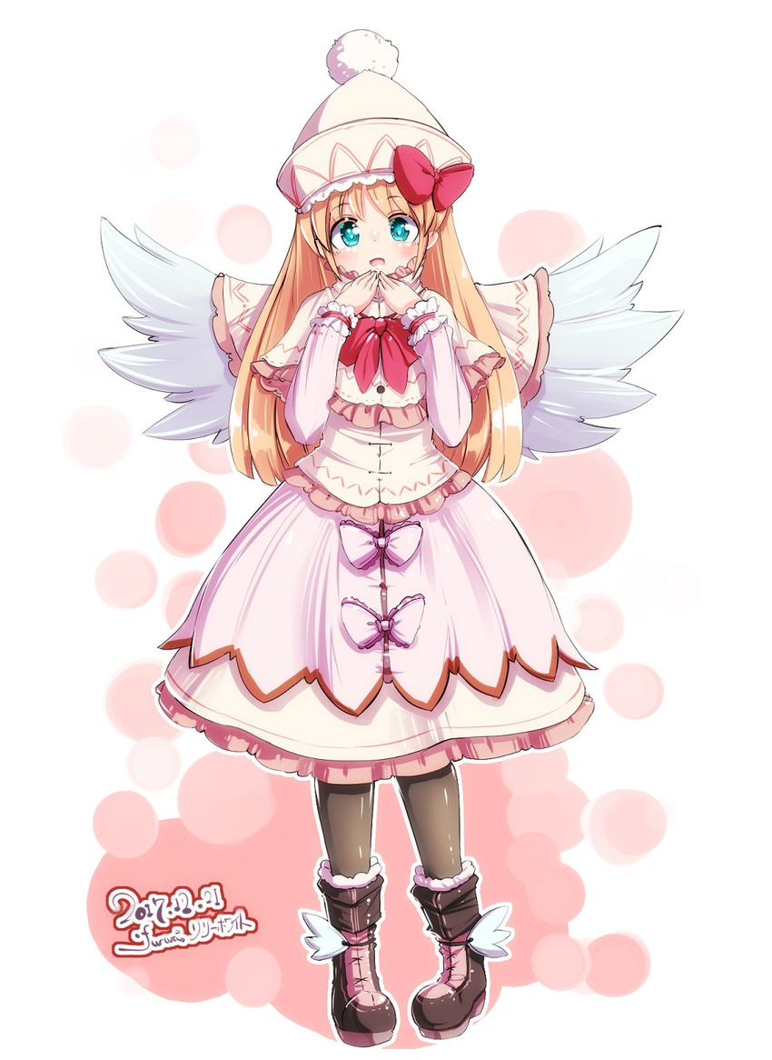 angel_wings black_legwear blonde_hair blue_eyes boots dress full_body furim hand_to_own_mouth hat highres lily_white long_hair open_mouth pantyhose smile solo touhou white_dress wings
