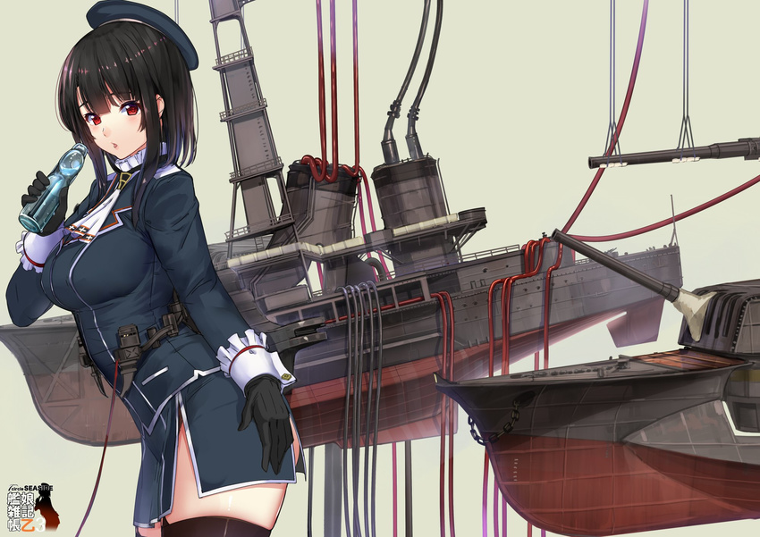 akasaai beret black_gloves black_hair blue_hat blue_jacket blush bottle breasts cowboy_shot from_side gloves grey_background hair_between_eyes hand_on_hip hat highres holding holding_bottle jacket kantai_collection large_breasts long_sleeves looking_at_viewer parted_lips ramune red_eyes repairing rigging shiny shiny_hair short_hair simple_background smokestack solo takao_(kantai_collection) tube
