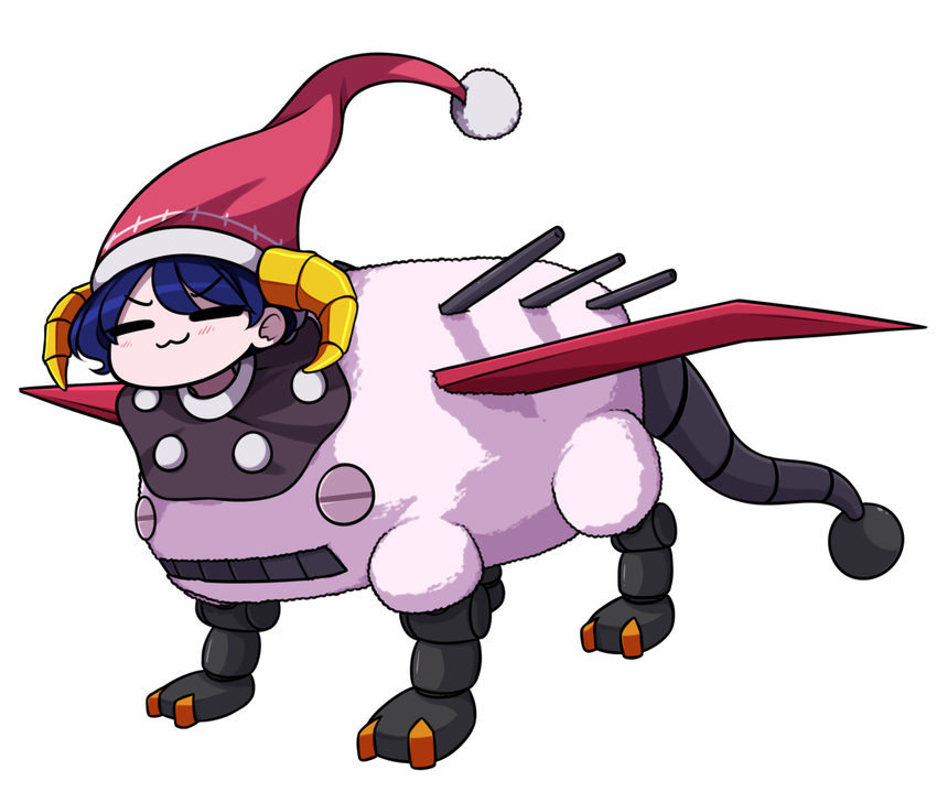 =v= antinomy_of_common_flowers blue_hair blush commentary doreking doremy_sweet full_body hat highres horns nightcap pom_pom_(clothes) red_hat robot sheep_horns smile smug solo speckticuls touhou transparent_background
