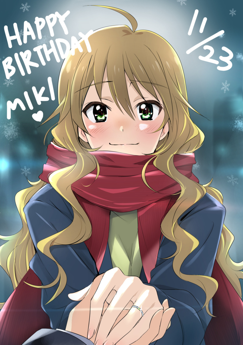 1girl absurdres ahoge blonde_hair blue_jacket blush dated eyebrows_visible_through_hair green_eyes green_shirt hand_holding happy_birthday heart highres hoshii_miki idolmaster jacket jewelry long_hair long_sleeves looking_at_viewer red_scarf ring scarf shirt snowflakes solo_focus sparkle tokiani wavy_hair wedding_ring