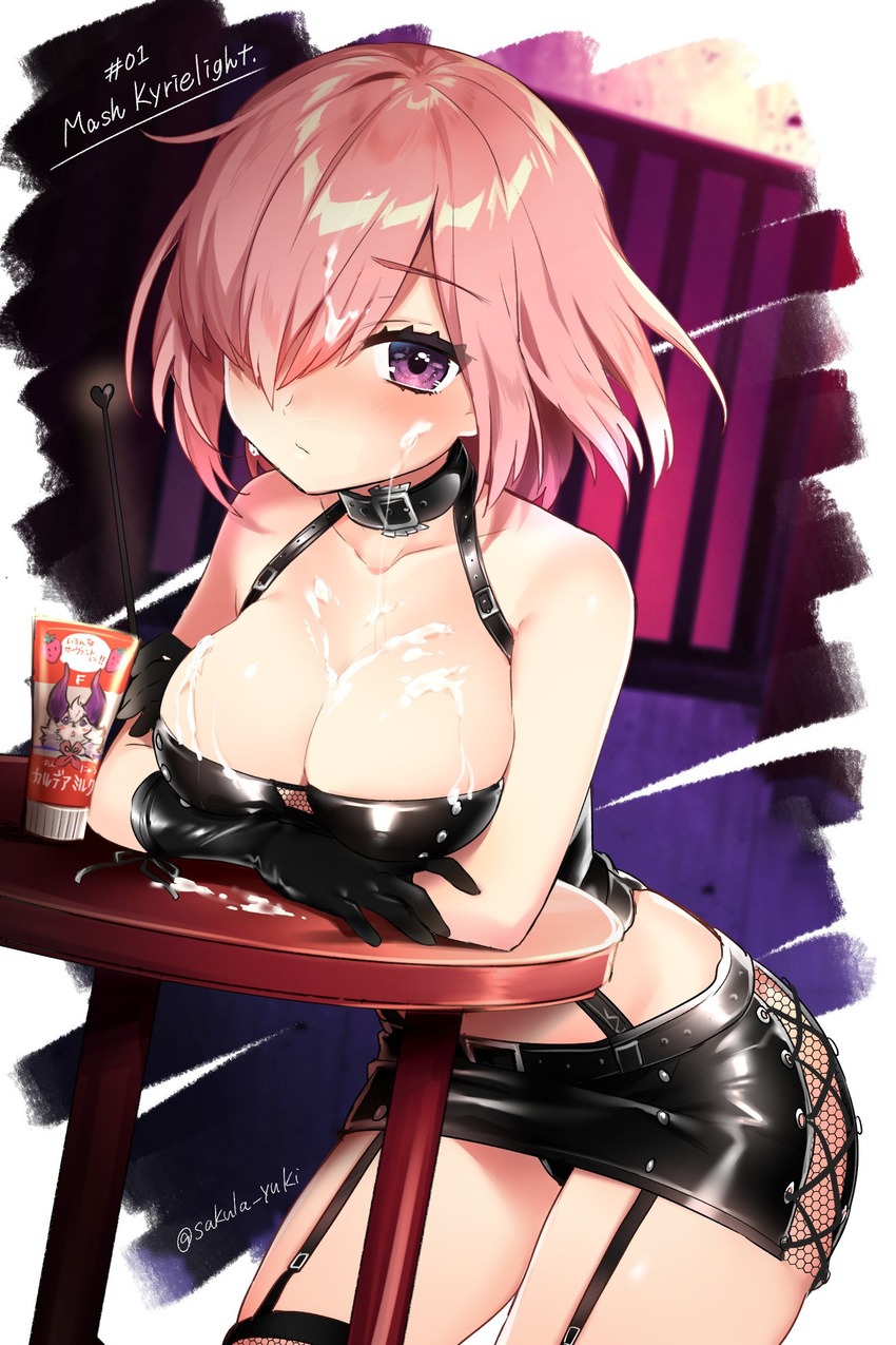 arm_support bare_shoulders black_gloves black_panties black_skirt blush breasts buckle character_name cleavage collar collarbone commentary_request condensed_milk dominatrix elbow_gloves eyebrows_visible_through_hair fate/grand_order fate_(series) food fou_(fate/grand_order) garter_straps gloves hair_over_one_eye highres holding large_breasts leaning_forward looking_at_viewer mash_kyrielight microskirt midriff panties pantyshot pantyshot_(standing) pink_hair purple_eyes riding_crop sakura_yuki_(clochette) sexually_suggestive short_hair skirt solo standing suggestive_fluid table thighhighs thighs twitter_username underwear whip