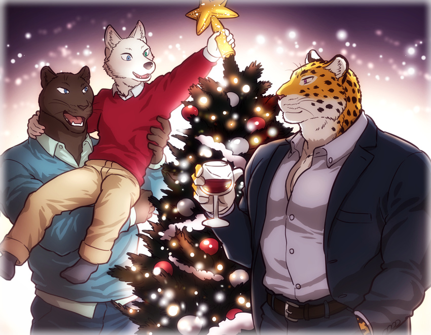 2017 5_fingers adopted_son alcohol anthro belt beverage biped black_fur black_nose black_panther black_spots blue_clothing blue_eyes blue_shirt blue_topwear canine christmas christmas_tree clothed clothing digital_media_(artwork) elias_(maririn) father father_and_son feline fully_clothed fur glass group hand_in_pocket heterochromia holding_character holding_glass holding_object holidays humanoid_hands inner_ear_fluff legwear leopard male mammal maririn multicolored_fur open_mouth panther pants parent pink_nose pink_tongue red_clothing red_shirt red_topwear romantic_couple shirt smile snout socks son spots spotted_fur standing suit tan_bottomwear tan_clothing tan_pants teeth tobias_(maririn) tongue tree tyson_(maririn) whiskers white_fur wine wolf yellow_fur