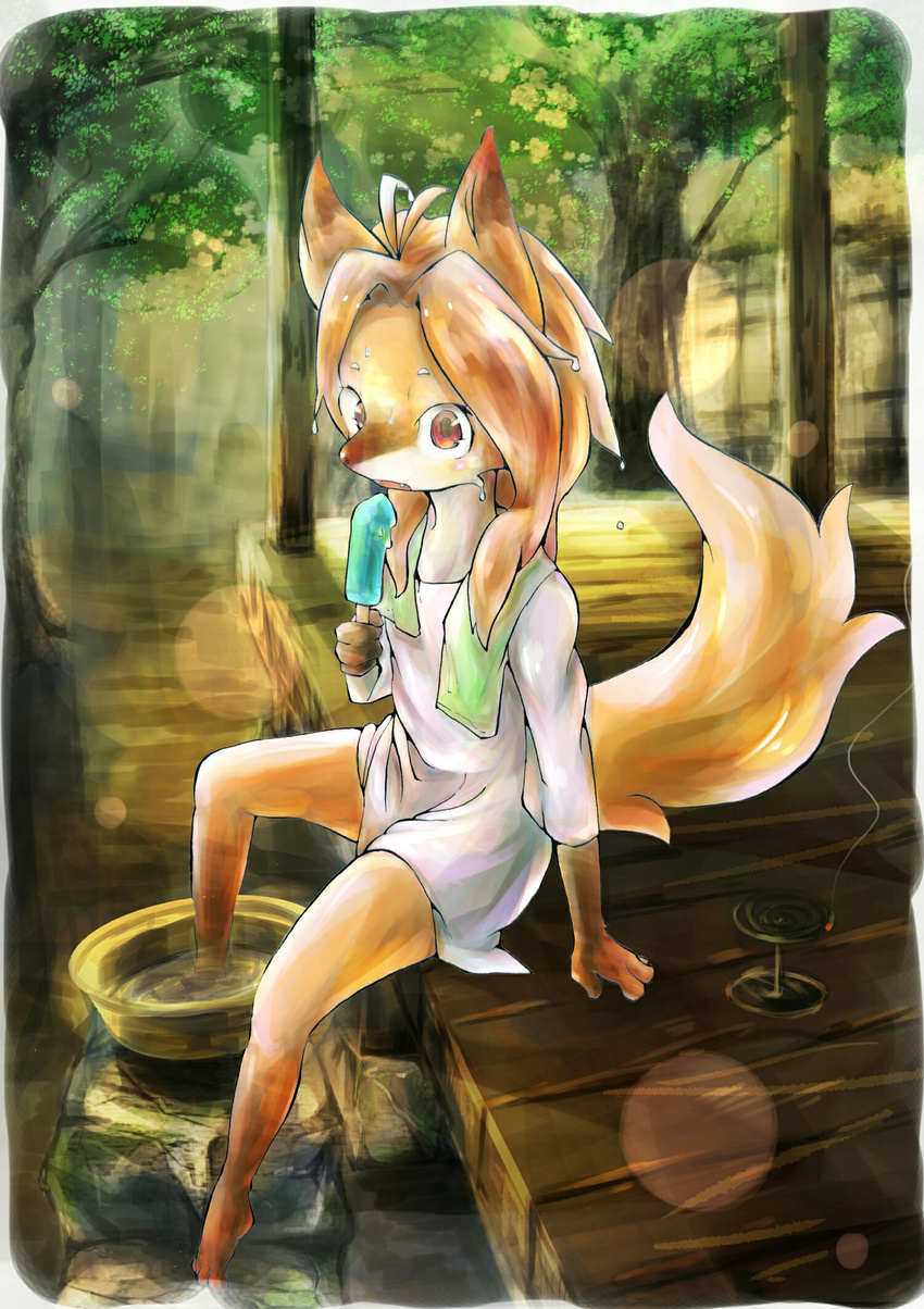 2016 ahoge anthro ayabemisstta bottomless canine clothed clothing cute_fangs detailed_background female flat_chested food fox gloves_(marking) hair incense kemono looking_at_viewer mammal markings open_mouth outside oversized_shirt popsicle red_eyes sitting solo summer towel young