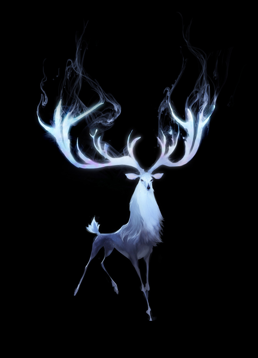 antlers black_background black_eyes cervine deer feral fur ghost grey_fur horn male mammal mist naomi_chen simple_background smoke solo spirit white_fur