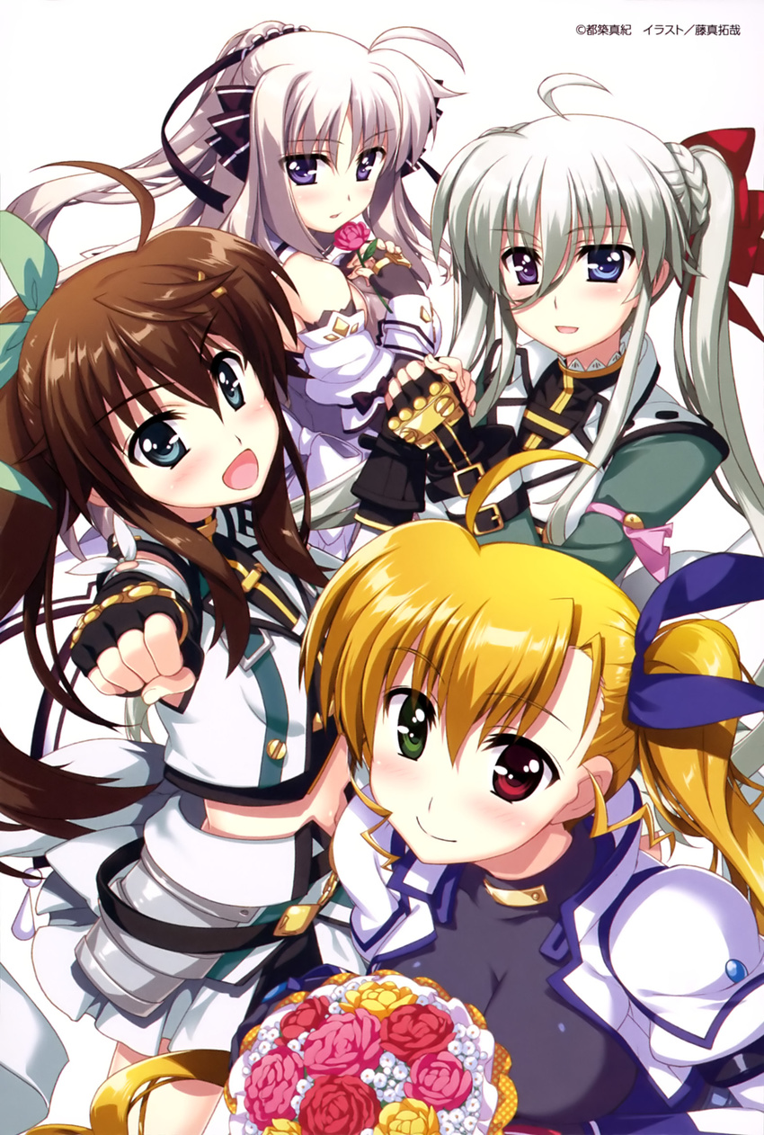 :d ahoge black_gloves black_ribbon blue_eyes blue_ribbon blush bouquet bow brown_hair cropped_jacket detached_sleeves einhart_stratos eyebrows_visible_through_hair fingerless_gloves flower fujima_takuya fuuka_reventon gloves green_eyes green_ribbon hair_between_eyes hair_bow hair_ribbon heterochromia highres holding holding_bouquet holding_flower holding_hands jacket long_hair lyrical_nanoha magical_girl midriff multiple_girls navel open_clothes open_jacket open_mouth ponytail purple_eyes red_bow red_eyes red_flower ribbon rinne_berlinetta silver_hair simple_background skirt smile stomach twintails very_long_hair vivid_strike! vivio white_background white_skirt