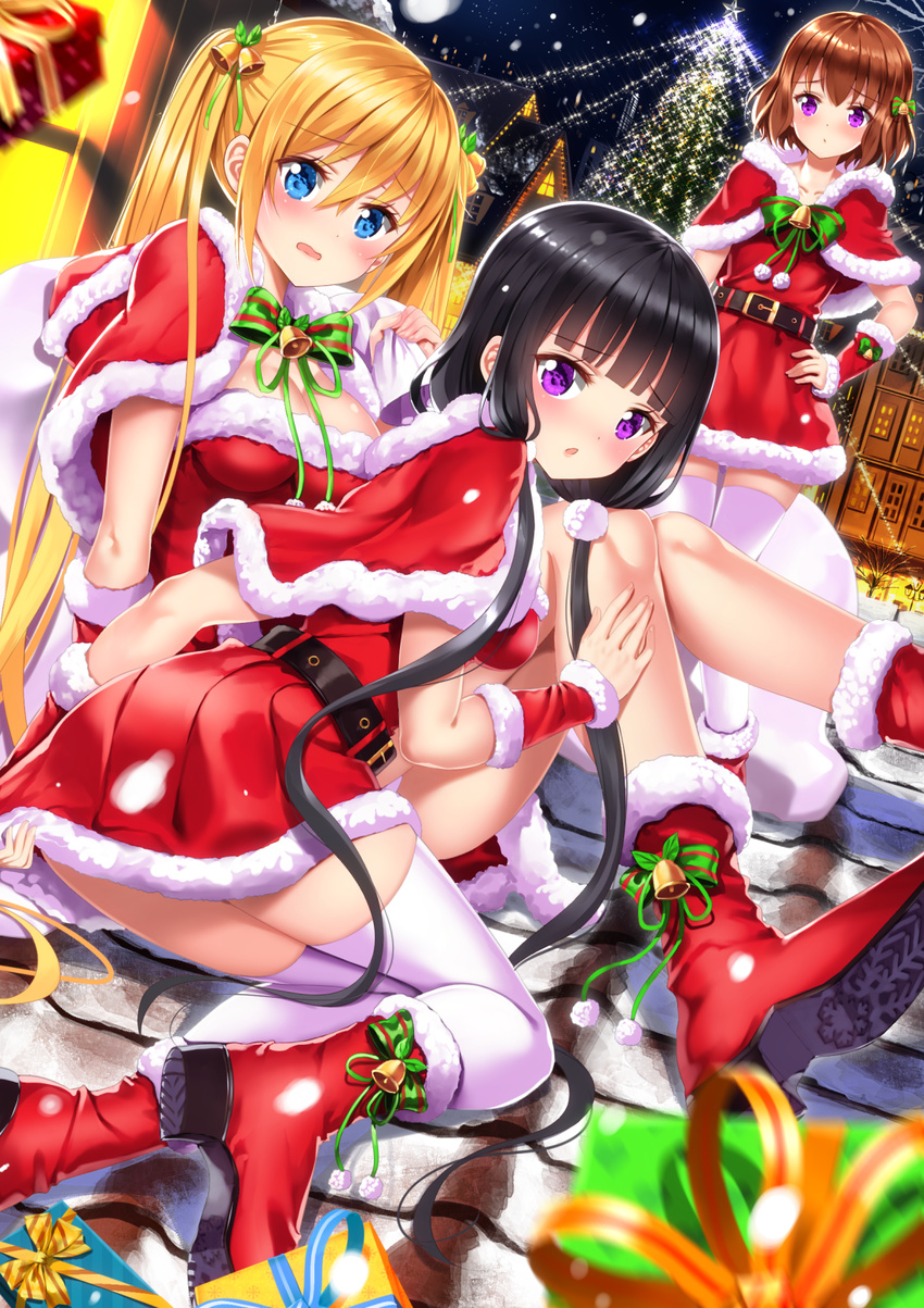 arm_warmers bangs bell belt belt_buckle black_belt black_hair blend_s blonde_hair blue_eyes blunt_bangs blurry blurry_foreground blush boots bow box breasts brown_hair buckle building capelet chestnut_mouth christmas_lights christmas_ornaments christmas_tree cleavage commentary_request depth_of_field dress eyebrows_visible_through_hair fur-trimmed_boots fur-trimmed_dress fur-trimmed_hat fur_trim gift gift_box green_bow hair_bell hair_between_eyes hair_ornament hand_on_hip high_heel_boots high_heels highres hinata_kaho hoshikawa_mafuyu house kneeling large_breasts long_hair looking_at_viewer looking_back low_twintails medium_breasts multiple_girls night night_sky nose_blush outdoors parted_lips purple_eyes red_capelet red_dress red_footwear sack sakuranomiya_maika santa_boots santa_costume short_hair sitting sky standing star_(sky) starry_sky striped striped_bow swordsouls thighhighs thighhighs_under_boots twintails very_long_hair white_legwear window