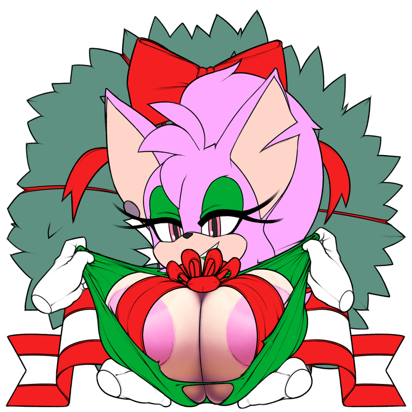 absurd_res bat bessi_the_bat big_breasts big_nipples breasts christmas clothing disembodied_hand eyelashes fan_character female grope hi_res holidays huge_breasts lipstick makeup mammal marthedog nipples plant ribbons ripping smile sonic_(series) teeth undressing wreath