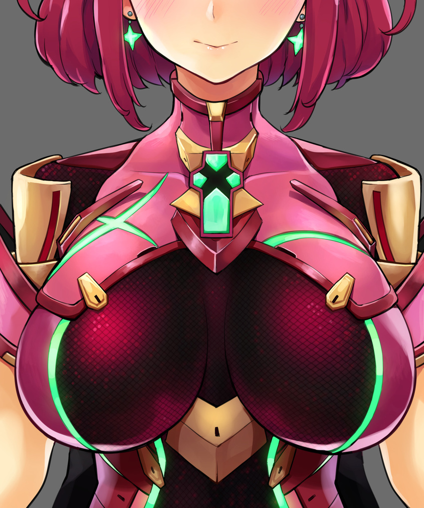 armor blush bodysuit breasts breasts_apart collarbone earrings ereraero grey_background head_out_of_frame highres homura_(xenoblade_2) impossible_bodysuit impossible_clothes jewelry large_breasts lips red_bodysuit red_hair short_hair shoulder_armor shoulder_pads sidelocks simple_background skin_tight smile solo upper_body xenoblade_(series) xenoblade_2