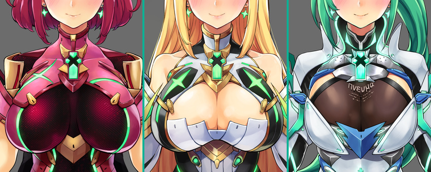 armor bare_shoulders blonde_hair blush bodystocking bodysuit breastplate breasts breasts_apart cleavage cleavage_cutout clothes_writing collarbone detached_sleeves earrings ereraero glowing grey_background head_out_of_frame highres hikari_(xenoblade_2) homura_(xenoblade_2) impossible_bodysuit impossible_clothes jewelry large_breasts lips long_hair multiple_girls pneuma_(xenoblade_2) ponytail red_bodysuit red_hair shiny short_hair shoulder_armor shoulder_pads sidelocks simple_background skin_tight smile spoilers straight_hair upper_body xenoblade_(series) xenoblade_2