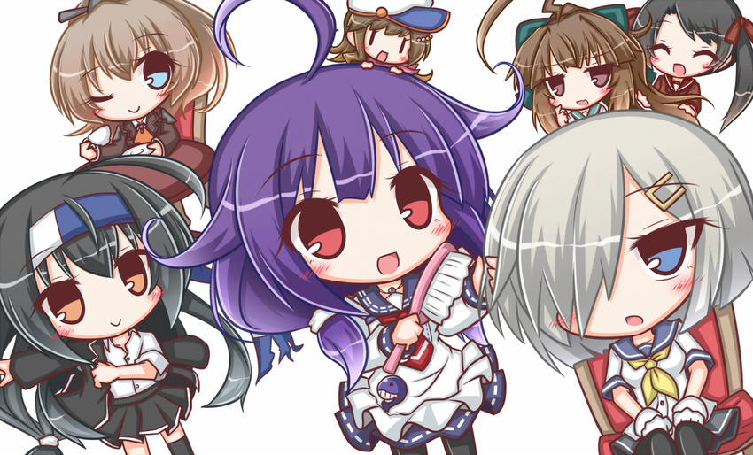 :d :o ;) ^_^ ahoge apron ascot asymmetrical_legwear bangs black_hair black_jacket black_legwear black_skirt blue_eyes blue_skirt blush bow brown_eyes brown_hair brown_jacket brown_shirt chair closed_eyes closed_mouth collared_shirt commentary_request eyebrows_visible_through_hair fairy_(kantai_collection) frilled_apron frills green_bow grey_hair hair_between_eyes hair_bow hair_brush hair_brushing hair_flaps hair_grab hair_ornament hair_over_one_eye hair_ribbon hamakaze_(kantai_collection) hatsushimo_(kantai_collection) headband high_ponytail holding holding_brush jacket kantai_collection komakoma_(magicaltale) kuma_(kantai_collection) kumano_(kantai_collection) light_brown_hair long_hair long_sleeves low-tied_long_hair low_twintails mikuma_(kantai_collection) multiple_girls neckerchief one_eye_closed open_mouth orange_neckwear pantyhose parted_lips pleated_skirt ponytail purple_hair red_eyes red_ribbon ribbon shirt short_sleeves sideways_hat simple_background single_thighhigh sitting skirt smile table taigei_(kantai_collection) thighhighs twintails very_long_hair white_apron white_background white_shirt yellow_neckwear ||_||