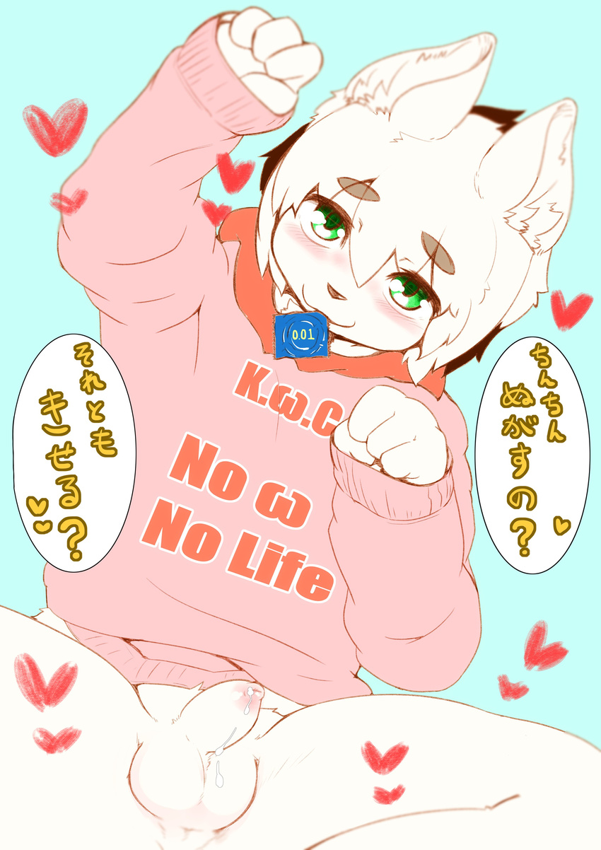 &lt;3 4_fingers anthro balls blush bottomless canine child clothed clothing condom condom_in_mouth cub dog foreskin green_eyes humanoid_penis japanese_text male mammal penis precum sirotae_konnta solo text translated uncut young
