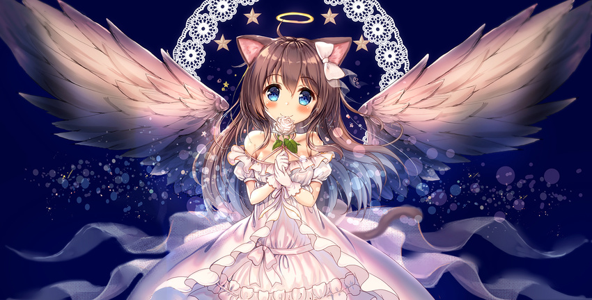 akabane_(zebrasmise) animal_ears bangs bare_shoulders blue_background blue_eyes blush bow brown_hair brown_wings cat_ears cat_girl cat_tail closed_mouth commentary_request criss-cross_halter dress eyebrows_visible_through_hair feathered_wings flower gloves hair_between_eyes hair_bow halo halterneck head_tilt highres holding holding_flower long_hair looking_at_viewer off-shoulder_dress off_shoulder original puffy_short_sleeves puffy_sleeves rose short_sleeves smile solo star tail very_long_hair white_bow white_dress white_flower white_gloves white_rose wings yotsuba_(akabane)