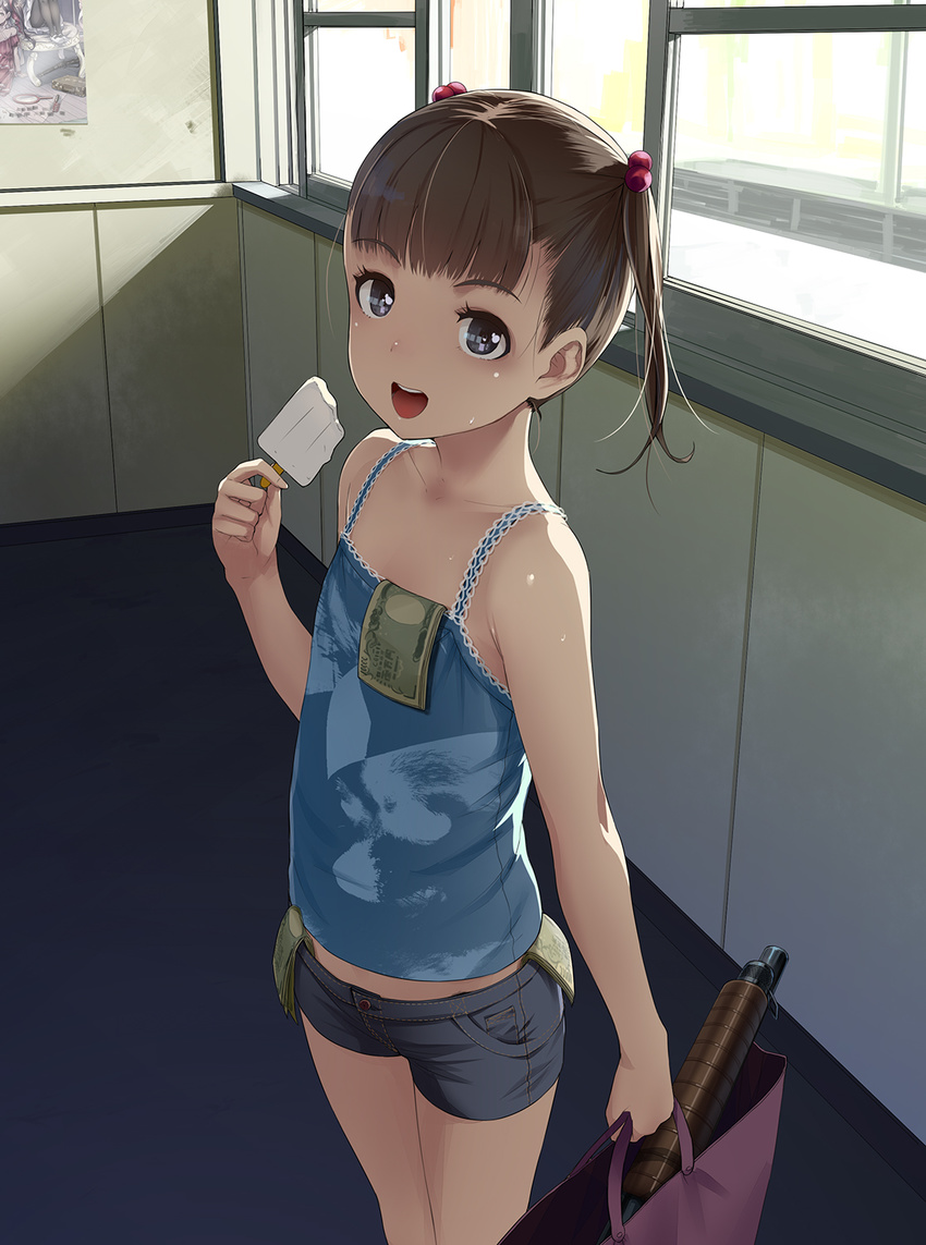 :d bag bangs bare_arms bare_shoulders blue_camisole blue_eyes blue_shorts blunt_bangs blush brown_hair camisole child collarbone commentary cowboy_shot day denim denim_shorts eyebrows_visible_through_hair food gun hair_bobbles hair_ornament highres holding holding_bag holding_food indoors long_hair looking_at_viewer money money_hold open_mouth original pocket popsicle short_shorts shorts shotgun sleeveless smile sody solo standing twintails weapon window