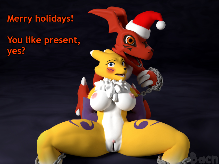 2017 3d_(artwork) abstract_background armwear bacn blush bound breasts canine chain chest_tuft christmas claws clothed clothing digimon digital_media_(artwork) duo elbow_gloves english_text female gloves guilmon hat holidays looking_at_viewer male mammal nipples nude open_mouth pussy renamon santa_hat scalie simple_background smile spread_legs spreading text tongue topless tuft