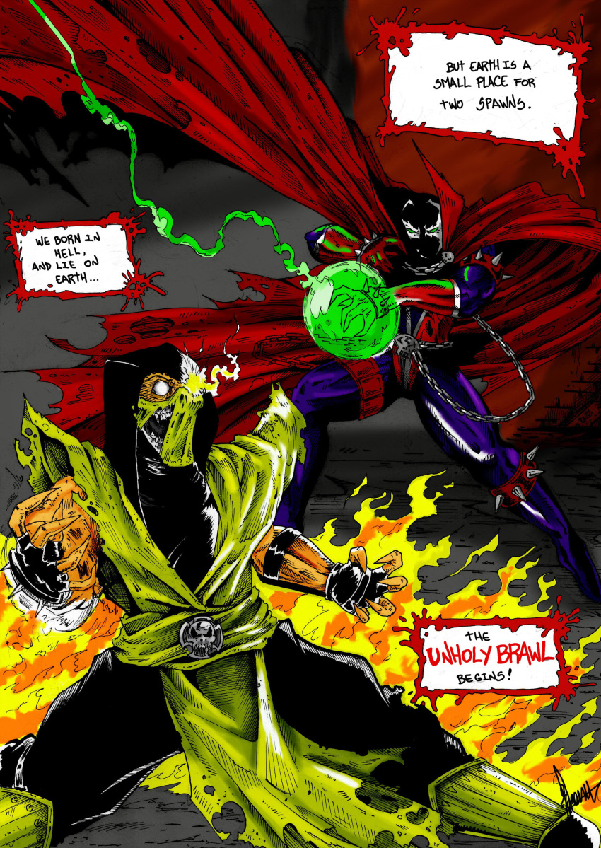 2boys artist_request battle black_gloves cape chains claws crossover demon duel emersonoven energy_ball fighting fingerless_gloves fingernails fire gloves glowing glowing_eyes green_eyes image_comics long_fingernails male_focus mask mortal_kombat multiple_boys muscle ninja no_pupils scorpion_(mortal_kombat) skull spawn spawn_(spawn) spikes superhero white_eyes