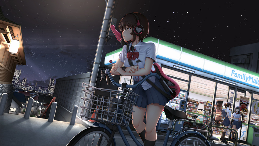 bangs bicycle bicycle_basket black_hair black_legwear blue_skirt bow brand_name_imitation brown_eyes brown_hair candy cellphone city collared_shirt convenience_store diffraction_spikes dutch_angle familymart food ground_vehicle guitar headphones highres instrument instrument_on_back kneehighs lantern leaning_forward lollipop looking_away miniskirt mochi_(chain_csn) mouth_hold multiple_girls night night_sky original outdoors phone pleated_skirt school_uniform shirt shop short_hair short_sleeves skirt sky smartphone smile solo_focus standing star_(sky) starry_sky storefront telephone_pole traffic_cone vending_machine white_shirt wristband
