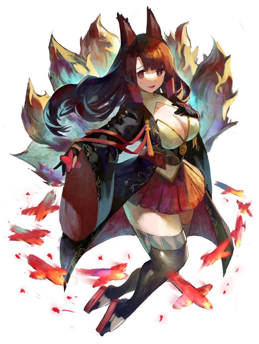 :d absurdres akagi_(azur_lane) animal_ears azur_lane bangs black_gloves black_hair black_legwear blunt_bangs breasts bright_pupils cleavage eyebrows fang floating_hair fox_ears fox_tail full_body gloves hair_ornament hakama hakama_skirt hand_on_own_chest highres holding japanese_clothes large_breasts long_hair miniskirt multiple_tails ogimotozukin open_mouth partly_fingerless_gloves pleated_skirt purple_eyes red_skirt sakuramon simple_background skirt smile solo swept_bangs tabi tail tareme tassel thighhighs tongue turtleneck underbust white_background white_pupils zettai_ryouiki