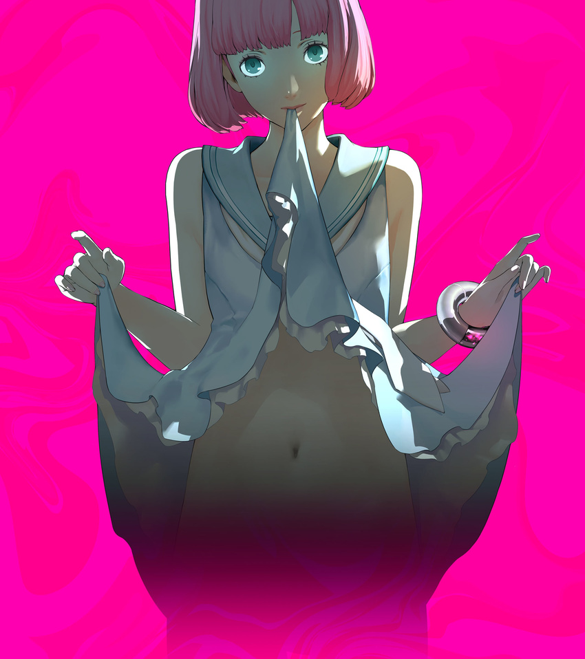 aqua_eyes atlus catherine:_full_body catherine_(game) dress dress_lift highres looking_at_viewer navel official_art pink_background pink_hair rin_(catherine) short_hair soejima_shigenori solo stomach upper_body