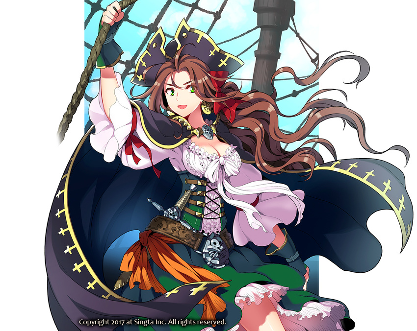 :d ahoge arm_up belt belt_buckle black_cape bow breasts brown_hair buckle cape cleavage copyright_request crow's_nest dagger day dress earrings fingerless_gloves frills gloves grace_o'malley green_dress green_eyes hair_bow hat jewelry long_hair looking_at_viewer medium_breasts open_mouth outdoors pirate pirate_hat red_bow rigging sheath sheathed smile standing very_long_hair weapon wooni