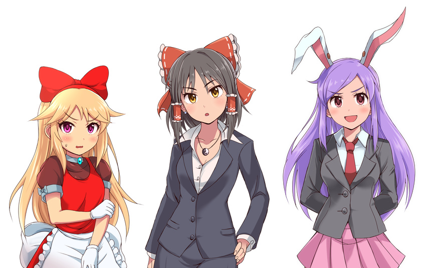 amelia_colet_(cookie) animal_ears black_hair blonde_hair blush bow breasts brown_eyes bunny_ears cleavage collarbone cookie_(touhou) enperuto_(yarumi) extra_ears eyebrows_visible_through_hair gloves hair_bow hair_tubes hakurei_reimu hand_on_hip highres hisui_(cookie) large_breasts long_hair looking_at_viewer multiple_girls necktie open_mouth parted_lips pink_eyes pink_skirt puffy_short_sleeves puffy_sleeves purple_hair red_bow red_eyes red_neckwear reisen_udongein_inaba sananana short_hair short_sleeves skirt smile touhou transparent_background white_gloves yin_yang