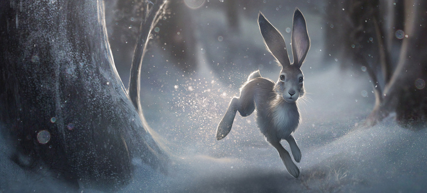amazing_background ambiguous_gender brown_eyes detailed_background feral forest lagomorph looking_at_viewer mammal naomi_chen rabbit running snow snowing solo sunbeam tree