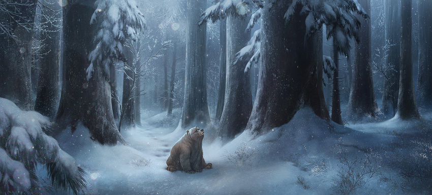 amazing_background ambiguous_gender bear brown_fur claws day detailed_background feral forest fur looking_up mammal naomi_chen peaceful pine_tree sitting snow snowing solo tree