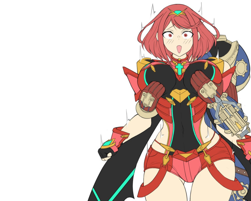 1boy 1girl armor bangs blush breast_grab breasts brown_hair commentary eyebrows_visible_through_hair gatyo_5 gem gloves grabbing hair_ornament headpiece helmet hetero homura_(xenoblade_2) jewelry large_breasts looking_at_viewer nintendo red_eyes red_hair red_shorts rex_(xenoblade_2) short_hair short_shorts shorts simple_background solo swept_bangs tiara white_background xenoblade_(series) xenoblade_2