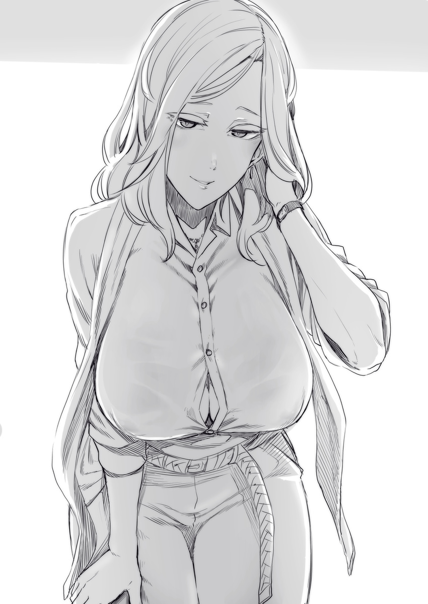 belt blush breasts bursting_breasts button_gap buttons covered_nipples cowboy_shot dress_shirt earrings eyes_visible_through_hair greyscale hair_tucking hand_in_hair highres huge_breasts jewelry large_breasts leaning_forward looking_at_viewer monochrome nakamura_regura necklace original pants parted_lips shirt short_hair sleeves_rolled_up smile solo standing watch wristwatch