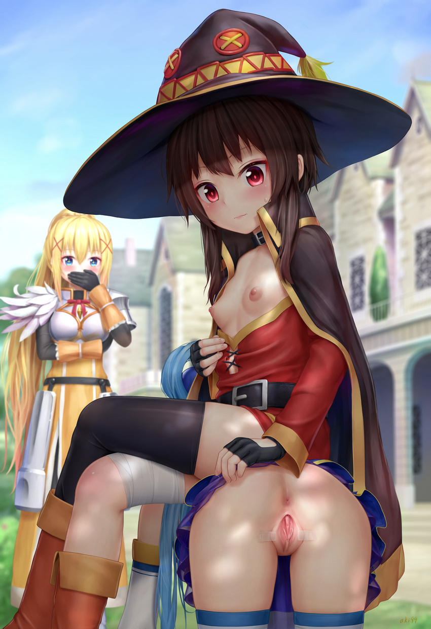 3girls aki99 anus aqua_(konosuba) ass belt belt_collar black_hair blonde_hair blue_hair blurry blush boots breasts breasts_outside brown_hair cape closed_mouth covering_mouth crossed_legs darkness_(konosuba) depth_of_field dilation_tape femdom fingering fingerless_gloves gloves hand_over_own_mouth hat highres kono_subarashii_sekai_ni_shukufuku_wo! megumin multiple_girls nipples no_panties outdoors pussy revision short_hair sitting sitting_on_person skirt skirt_lift small_breasts smile spread_pussy tape thighhighs uncensored witch_hat yuri