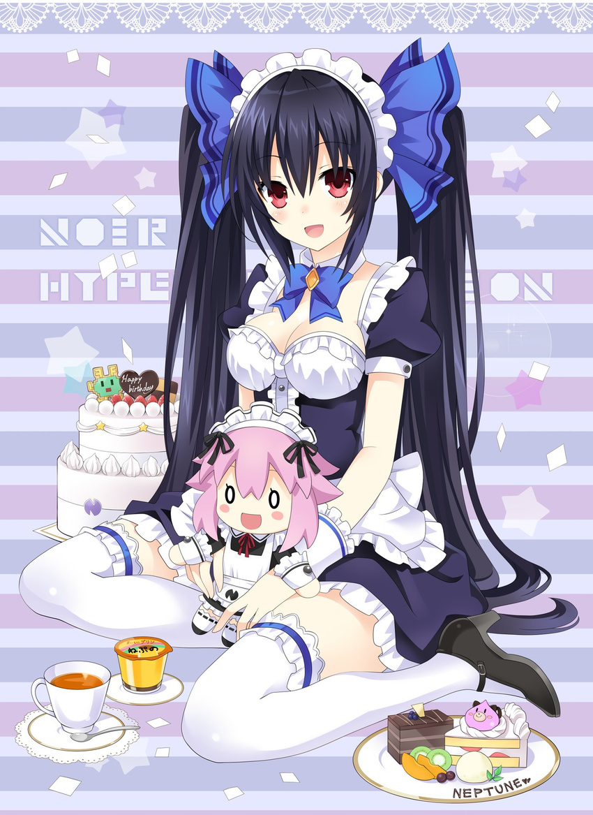 :d apron black_footwear black_hair blue_dress blue_ribbon blush breasts cake character_doll character_name cleavage commentary_request cup detached_collar doll dress food frilled_apron frilled_cuffs frilled_dress frilled_legwear frills full_body hair_ribbon high_heels highres holding holding_doll horizontal-striped_background long_hair looking_at_viewer maid maid_apron maid_headdress medium_breasts neptune_(choujigen_game_neptune) neptune_(series) noire open_mouth pudding red_eyes ribbon sitting smile solo tea teacup thighhighs twintails very_long_hair white_legwear wrist_cuffs zero_(ray_0805)