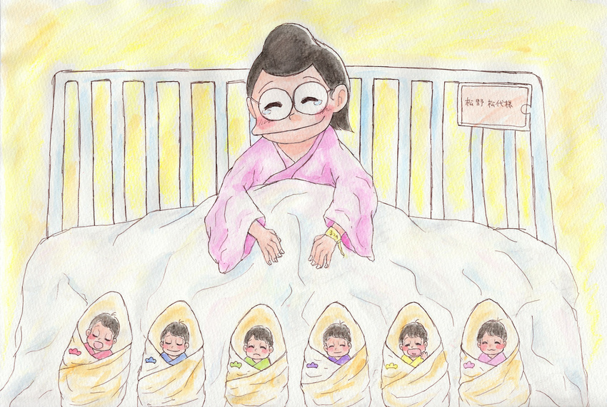 baby bed colored_pencil_(medium) highres hospital hospital_band hospital_bed matsuno_matsuyo mother_and_son o-rin000 osomatsu-san sextuplet_(osomatsu-kun) sextuplets traditional_media watercolor_(medium)