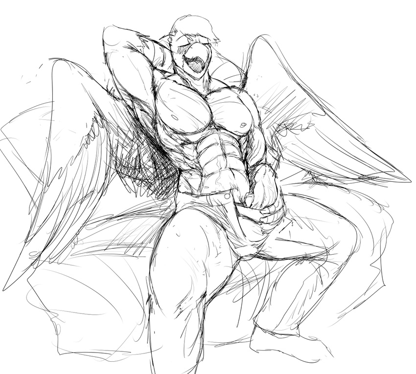 abs anthro avian beak black_and_white clothed clothing eyes_closed gryphon hair hand_behind_head hladilnik male masturbation monochrome muscular muscular_male nipples open_mouth pants penile_masturbation penis sitting topless wings