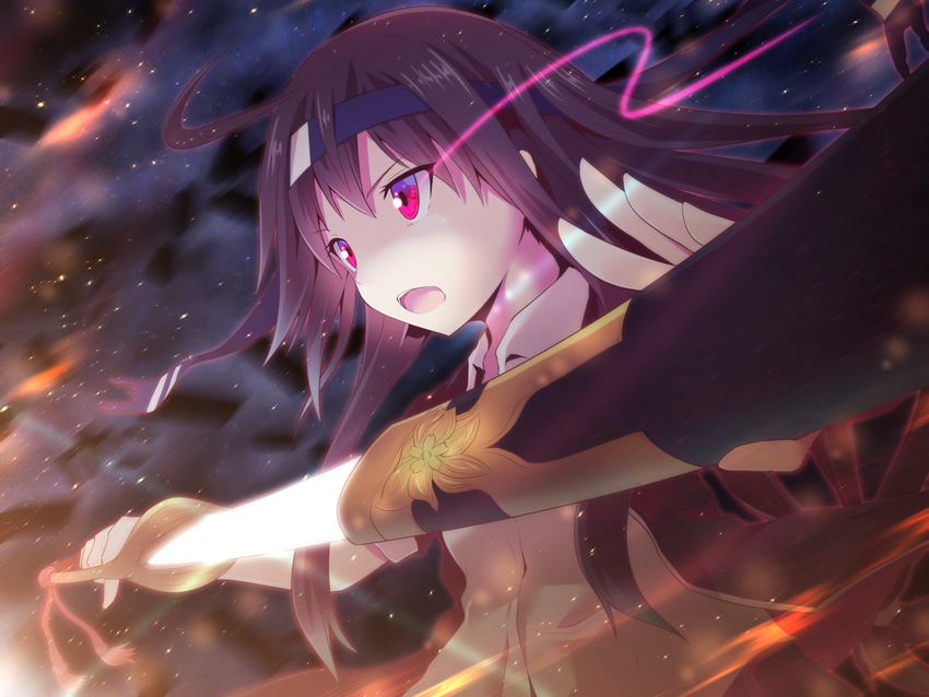 black_hair black_jacket blazer commentary_request glowing glowing_eye glowing_sword glowing_weapon hatsushimo_(kantai_collection) highres holding holding_sword holding_weapon jacket kantai_collection long_hair long_sleeves open_mouth red_eyes school_uniform sheath solo sword twinameless unsheathing very_long_hair weapon
