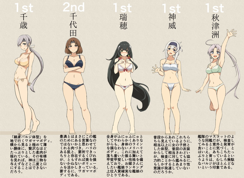 akitsushima_(kantai_collection) black_hair blue_bra blue_eyes blue_panties blush bra breasts brown_eyes brown_hair cassandra_(seishun_katsu_sando) check_translation chitose_(kantai_collection) chiyoda_(kantai_collection) cleavage commentary crossed_arms fundoshi green_bra green_eyes green_panties grey_eyes grey_hair hair_ornament hair_ribbon hair_tubes hairband hands_on_own_chest highres japanese_clothes kamoi_(kantai_collection) kantai_collection knees_together_feet_apart large_breasts lingerie long_hair mizuho_(kantai_collection) multiple_girls open_mouth panties polka_dot polka_dot_bra polka_dot_panties ponytail purple_eyes purple_hair ribbon short_hair side-tie_panties side_ponytail silver_hair strapless strapless_bra toes translation_request underwear waving waving_arms white_bra white_panties white_ribbon yellow_bra yellow_panties