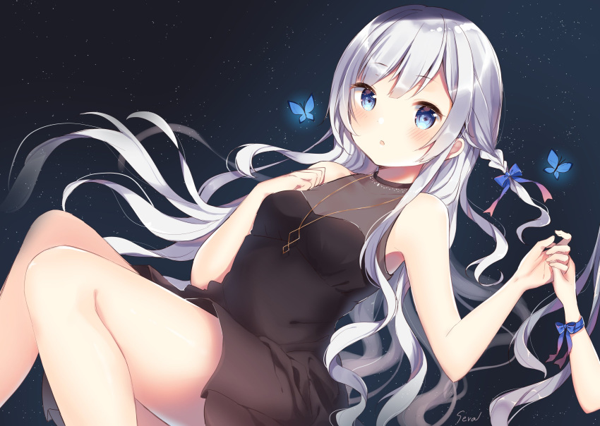 1girl :o artist_name bare_arms bare_legs bare_shoulders black_dress blue_eyes blue_ribbon blush braid breasts bug butterfly dress feet_out_of_frame floating_hair hair_ribbon hand_holding hands_up highres insect jewelry long_hair looking_at_viewer necklace original parted_lips ribbon shiino_sera sidelocks silver_hair sleeveless sleeveless_dress small_breasts solo star_(sky) thighs very_long_hair wavy_hair wrist_ribbon