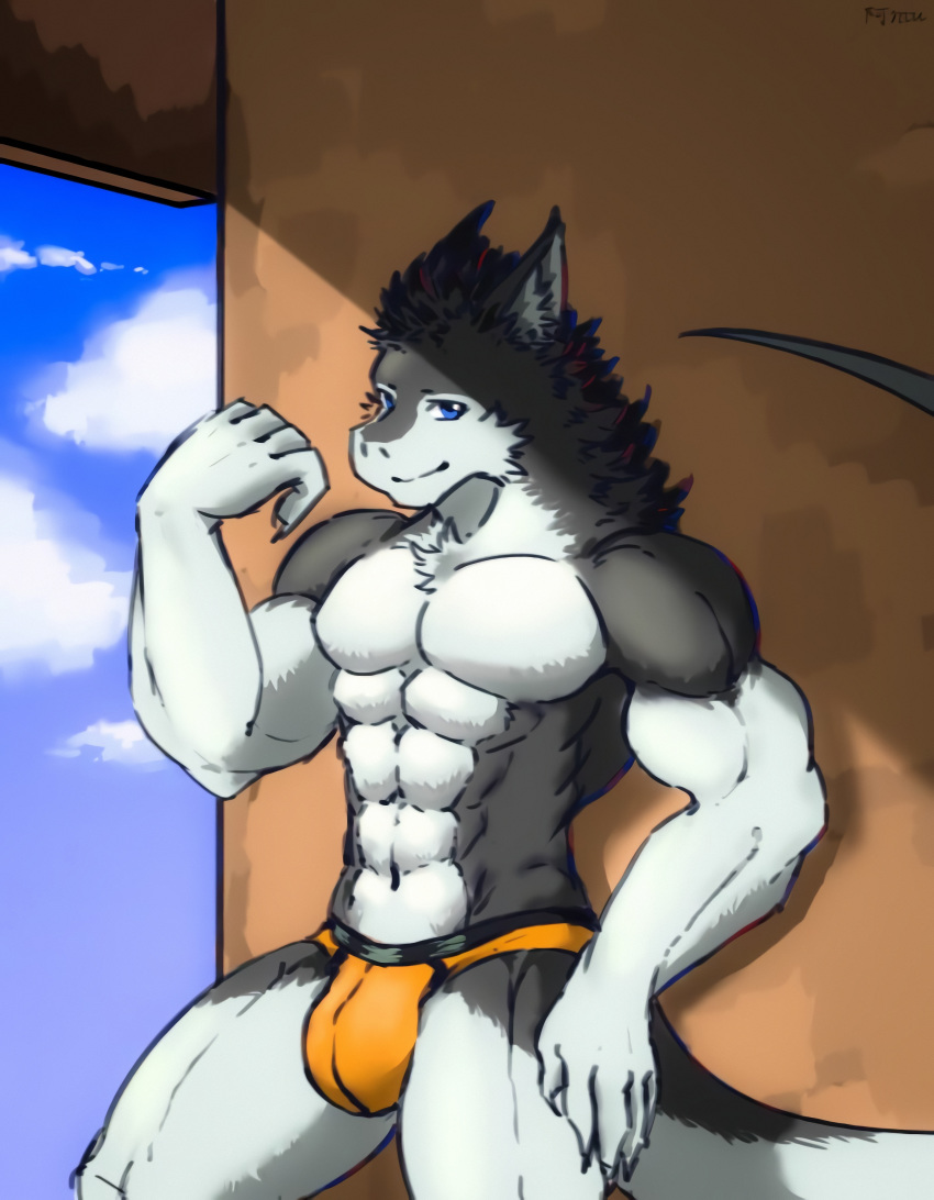 abs absurd_res anthro athletic biceps big_muscles black_fur blue_eyes bulge claws clothed clothing countershading discordnight dog_tags drooling flexing front_view fur grey_fur hair hi_res jockstrap looking_at_viewer male mammal multicolored_fur muscular muscular_male navel obliques open_mouth pecs phone portrait pose pubes saliva sergal solo three-quarter_portrait tongue tongue_out topless triceps two_tone_fur underwear v-cut white_countershading white_fur