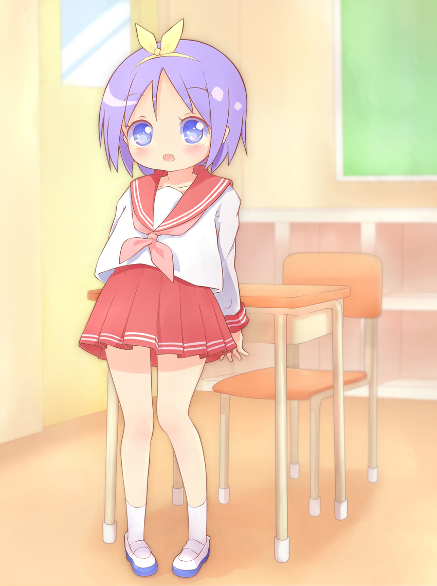 1girl 22m arms_behind_back blue_eyes blue_footwear blush chair chalkboard classroom collarbone door eyebrows_visible_through_hair female full_body hairband heart heart-shaped_pupils highres hiiragi_tsukasa indoors long_sleeves lucky_star open_mouth pigeon-toed pleated_skirt purple_hair red_sailor_collar red_skirt sailor_collar school_uniform serafuku shirt shoes short_hair skirt socks solo standing symbol-shaped_pupils uniform white_legwear white_shirt