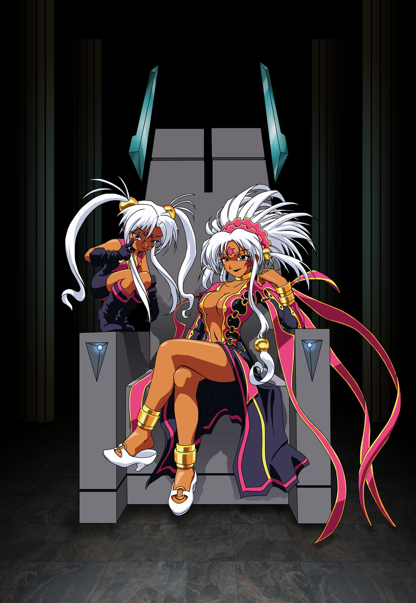 aa_megami-sama absurdres bangle bangs bracelet breasts center_opening cleavage commentary dark_skin dual_persona earrings facial_mark food forehead_mark fruit gloves grin hair_ornament high_heels highres hild jewelry large_breasts multiple_girls purple_eyes raspberry ring shiroboi sitting smile throne white_footwear white_hair